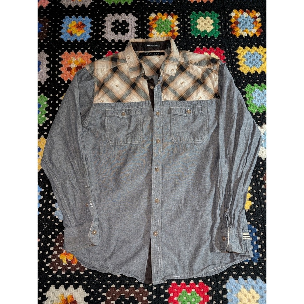 SEAN JOHN Tailored Fit Button Front Plaid Shirt Cotton Men's Size XL‎ Blue